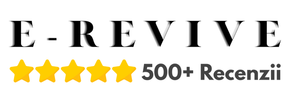 E-Revive logo with five yellow stars and text '500+ Recenzii' on a white background